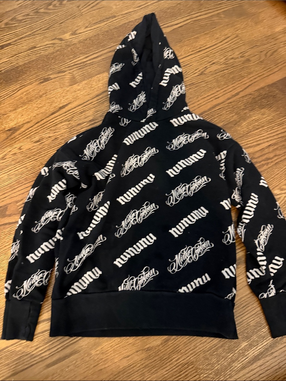 Nununu Black Hoodie with White Allover Script Logo Size 8/9